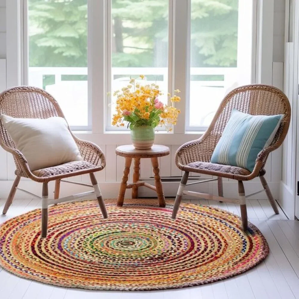 New 3ft Round Jute Cotton Chindi Rug, Boho Farmhouse Handwoven Reversible Mat